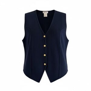 Talbots Womens XL Navy Blue 100% Merino Wool Button Front SweaterVest Gold Crest